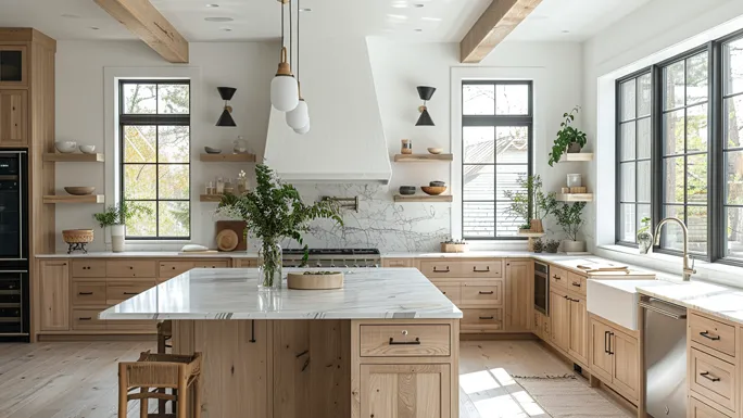 Spacious modern kitchen with light oak cabinets, white marble countertops, a large island, and black-framed windows.